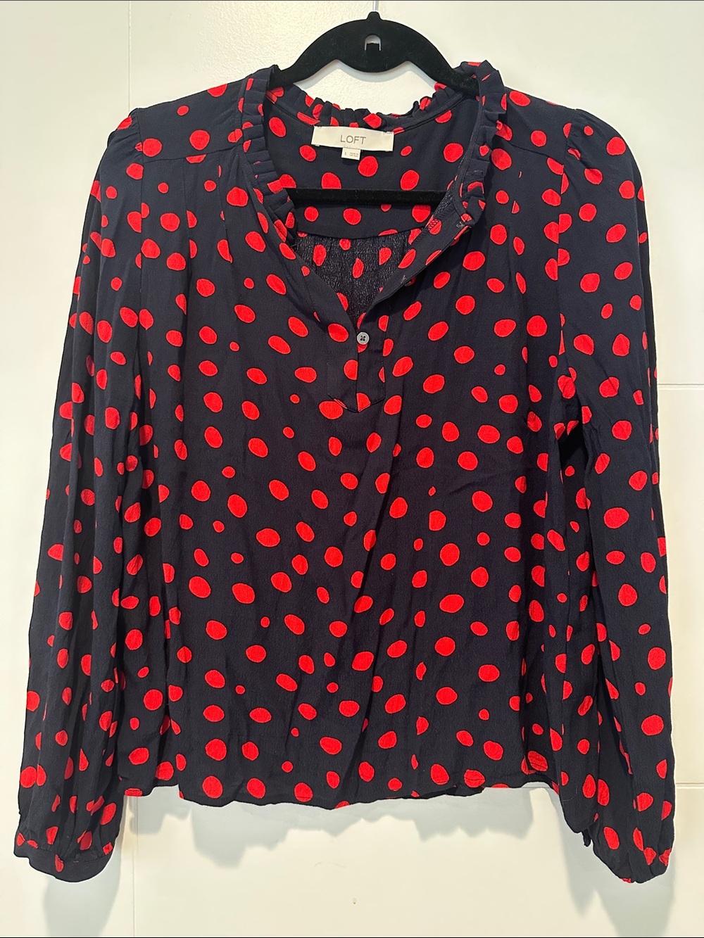 LOFT Black Blouse with Red Polka Dots